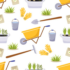 Spring gardening seamless background pattern. Set of bright elements -  wheelbarrow, gardening tools, grass, seeds.  - obrazy, fototapety, plakaty