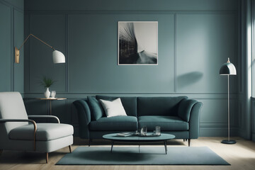 Arafed living room with a blue couch and a coffee table