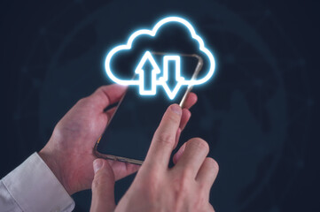 Cloud technology. Data storage. Networking and internet service concept, man use smartphone with cloud computing diagram show on hand