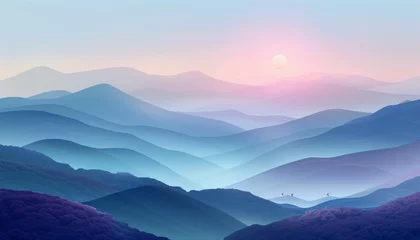 Fotobehang Tranquil pastel sunrise in minimalist 3d abstract landscape with gentle rolling hills © Andrei