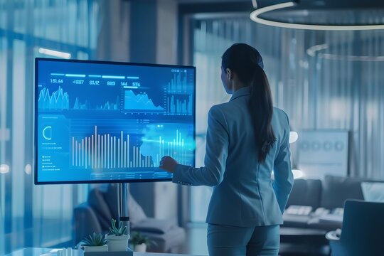 Businesswoman in Modern Office Showcasing Ideal Company Performance Data on Touchscreen