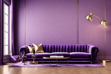 Luxury modern interior of living room ,Ultraviolet home decor concept ,purple sofa and black table with gold lamp on light purple wall and woodfloor ,3d render 