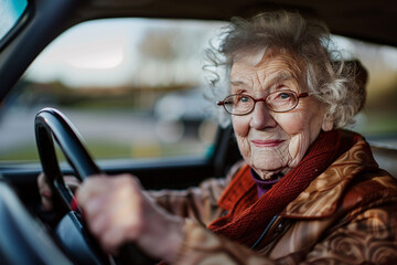 Elderly woman sitting behind steering wheel driving a car - obrazy, fototapety, plakaty