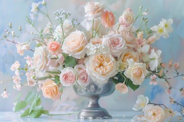 Obraz premium Elegant bouquet of pastel roses in a vintage vase with a soft, dreamy backdrop.