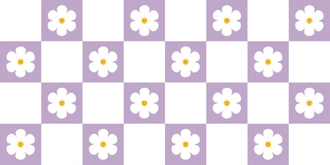 70s Vibes Groovy Checkerboard Seamless Pattern Large Square with Cute Flower In Lilac Mesh. Grid Background, Psychedelic Retro Style