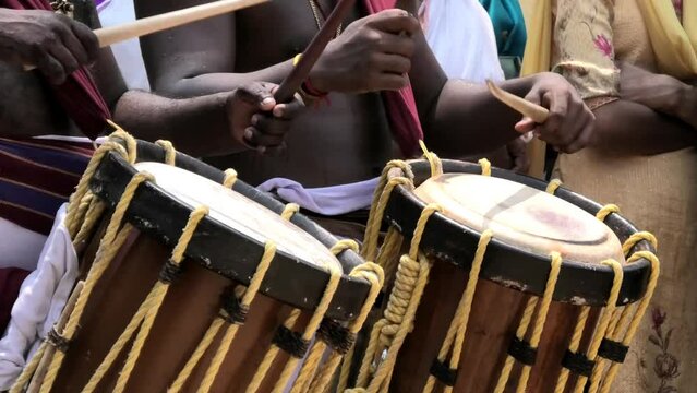 Artists performing Chendamelam, a traditional South Indian percussion orchestra