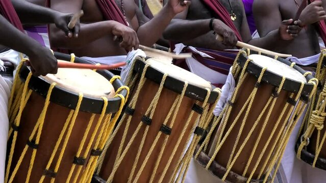 Artists performing Chendamelam, a traditional South Indian percussion orchestra