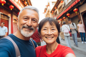 Fototapeta premium Mature Couple Selfie Street China Concept