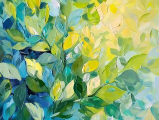 A painting featuring vibrant green and yellow leaves in a detailed and realistic style