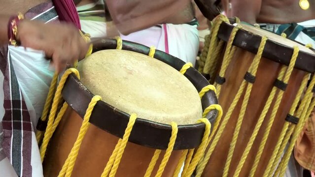 Artists performing Chendamelam, a traditional South Indian percussion orchestra