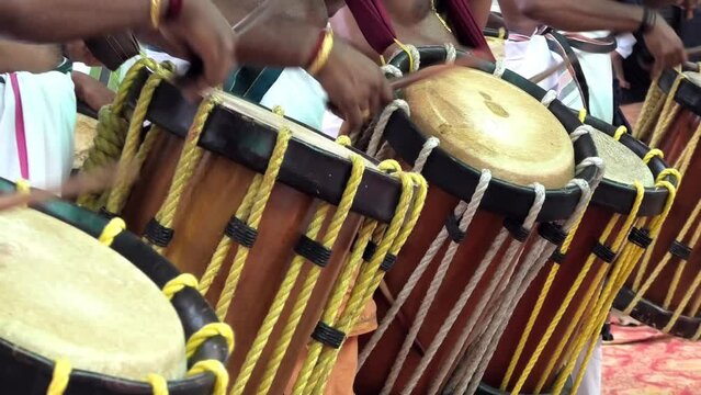 Artists performing Chendamelam, a traditional South Indian percussion orchestra