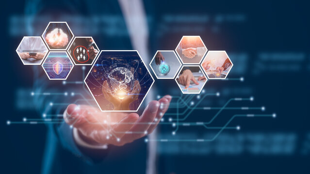 Ai tech digital transformation, multi exposure of businessman show virtual Global Internet connect Chat with AI cyber security trading investment using ai tech and data analysis