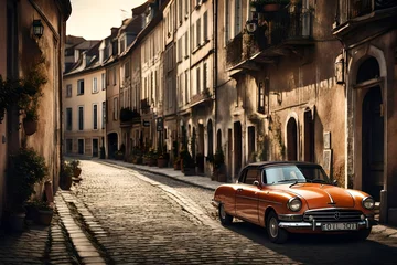 Kussenhoes Retro car parked in old European city street © Muhammad
