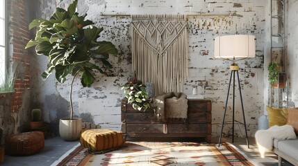 Inviting Bohemian Nook Featuring Macrame Tapestry and Contemporary Floor Lamp Against a Distressed Brick Wall