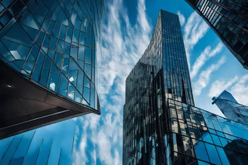 Foto op Plexiglas From below of entrance of office building next to contemporary high rise structures with glass mirrored walls and illuminated lights in calgary city against cloudless blue sky © Muhammad