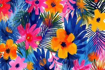 Fototapeta na wymiar Colorful Tropical Flowers on Blue Background with Orange, Pink and Yellow Blossoms, Vibrant Floral Arrangement in Tropical Paradise