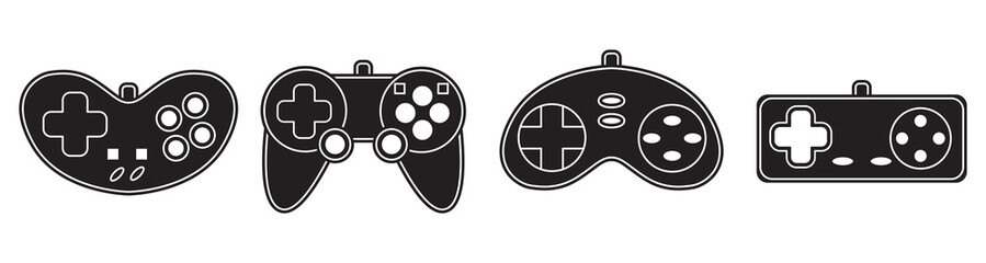 Vector game controller gamepad icons set. Black shapes joysticks elements flat style on white background. Gamer device collection