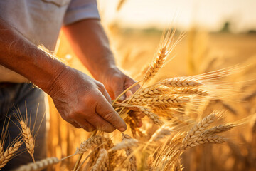 farmer harvesting oat in the oat field bokeh style background - obrazy, fototapety, plakaty