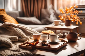 Still life details in home interior of living room. Sweaters and cup of tea with steam on a serving tray on a coffee table. Breakfast over sofa in morning sunlight. Cozy autumn or winter concept.  - obrazy, fototapety, plakaty