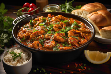 An overhead view of a steaming bowl of rich and flavorful seafood gumbo, filled with shrimp, crab, and a medley of Cajun spices