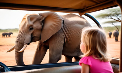 Little girl looking an elephant from safari car - 760494311