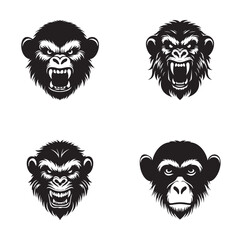 In black, four bold monkey face logos are isolated on a white background. Ideal for branding, logos, and business identity. Three are with expressions of anger and one got a plain face.