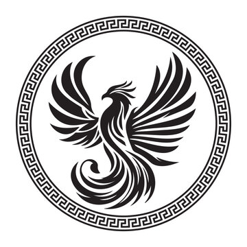 Circular design with Phoenix sketch art for stamps, logos, tattoos, and printing