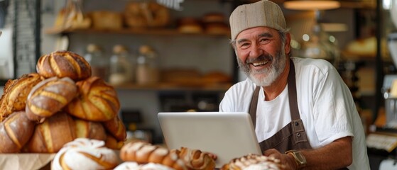Smiling Senior Man Working at Caf&eacute;, An elderly man exudes joy while using a laptop at a bustling caf&eacute;, showcasing active aging in modern society.