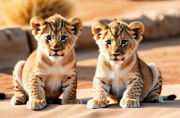 Two little lion cubs lying on the ground - 760494738