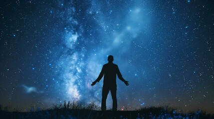 Silhouette of a man on Beautiful starry background at night