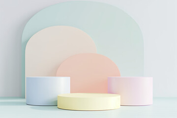 Set of abstract 3D pastel colored cylinder pedestal podiums. Collection of minimalist wall scenes in pastel tones. Modern 3D rendering platform for product display presentations.