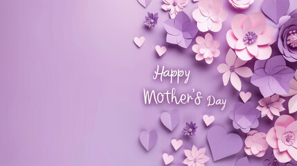 Paper poster with text "Happy Mother's Day" with hearts and flowers. Space for text. Purple color background.