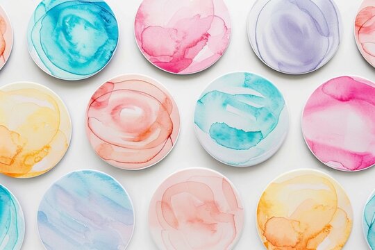 Cute watercolor circles watercolor circle stickers, in the style of vibrant stage backdrops