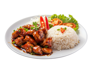 chicken shushlic with rice in plate on transparent background