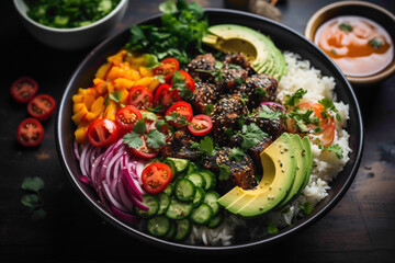 A top-down view of a colorful and vibrant poke bowl, featuring fresh chunks of tuna, avocado, and a spicy sriracha mayo drizzle