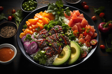 A top-down view of a colorful and vibrant poke bowl, featuring fresh chunks of tuna, avocado, and a spicy sriracha mayo drizzle