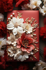 Elegant floral stationery design in red and white colors.