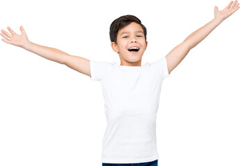 Cute smiling handsome mixed-race boy with open arms PNG file no background 