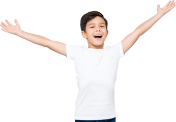 Cute smiling handsome mixed-race boy with open arms PNG file no background 