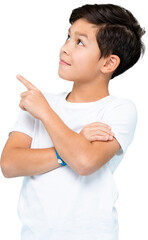 Cute smiling boy in plain white t shirt looking and pointing hand up PNG file no background 