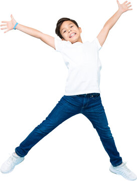 Cute Asian mixed-race boy jumping and raising hands up PNG file no background