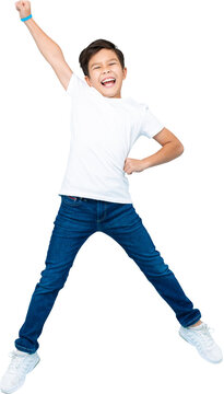 Cute Asian mixed-race boy jumping and raising hand up PNG file no background