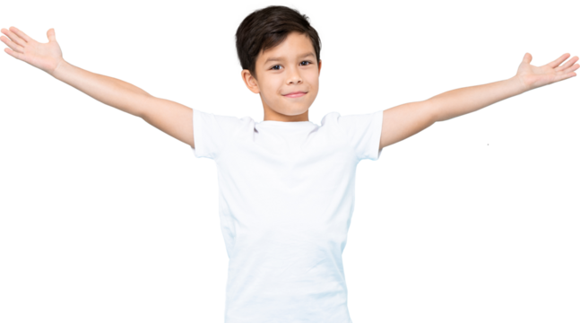 Cute smiling handsome mixed-race boy with open arms PNG file no background 