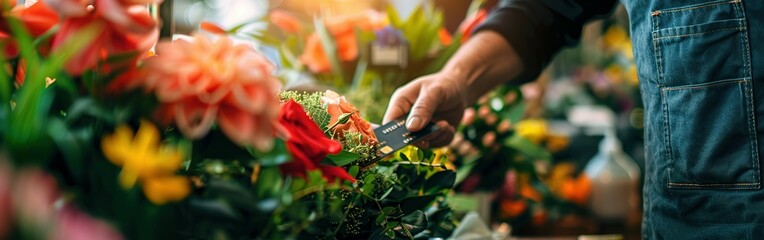 Florist shop transaction with credit card payment, payment terminal, cashless electronic payments concept. - obrazy, fototapety, plakaty