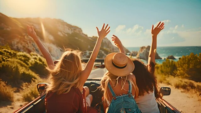 Three young women are seated in the back of a convertible vehicle, admiring the vast expanse of the ocean before them