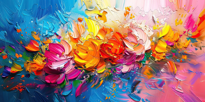 Colorful Chaos: Abstract Oil Paint Strokes and Flowers. Vibrant abstract background with a burst of multicolored oil paint strokes and floral accents.