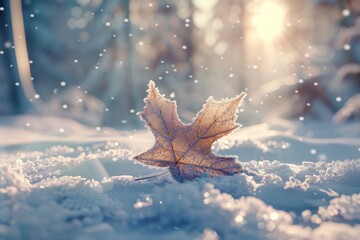 Frosted leaf in a winter forest, beautiful winter morning scene with snow and sunlight, background - obrazy, fototapety, plakaty