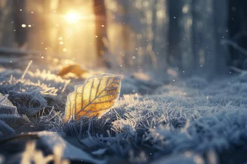 Fotobehang Frosted leaf in a winter forest, beautiful winter morning scene with snow and sunlight, background © Ammar