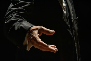 Drama teacher gesturing on a dark stage, captured in a close-up shot