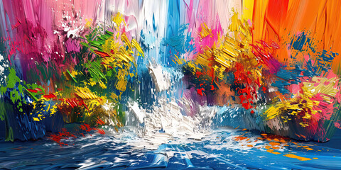 Majestic Waterfall Cascade: Powerful waterfall plunging into a crystal-clear pool below. Watercolor Stroke
